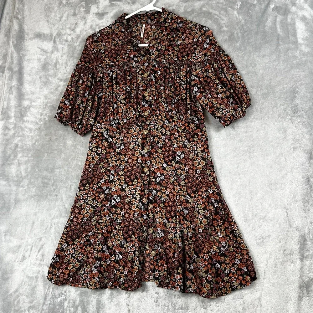 Free People Floral Mini Dress Button Front Puff Sleeve Ditsy Print Brown Multi